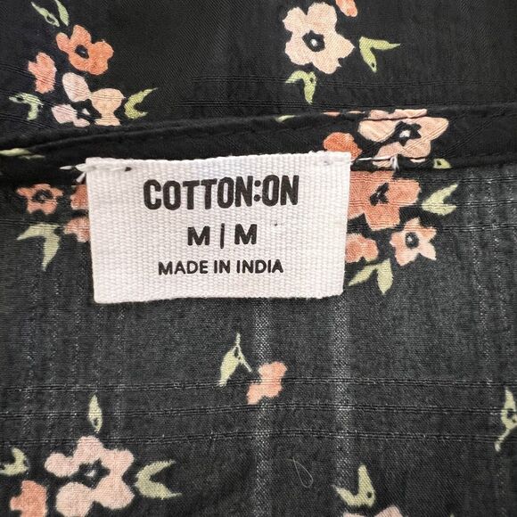 Cotton On Short Puff Sleeve Crop Top Medium Black Floral Boho Festival Tie Front - Picture 5 of 5